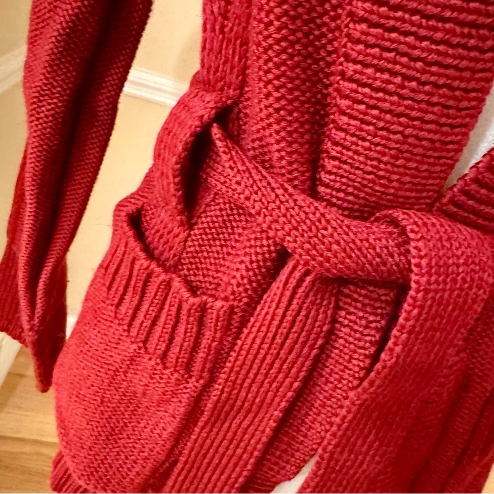 Vintage Macy’s Brick Red 100% Wool Tie Wrap Sweater Cardigan - Picture 3 of 10